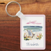Watercolor Strandstoel Persoonlijk Sleutelhanger (Voorkant)