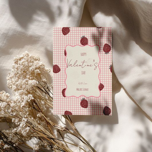 Watercolor Strawberries on Pink Grid- Valentine Feestdagenkaart