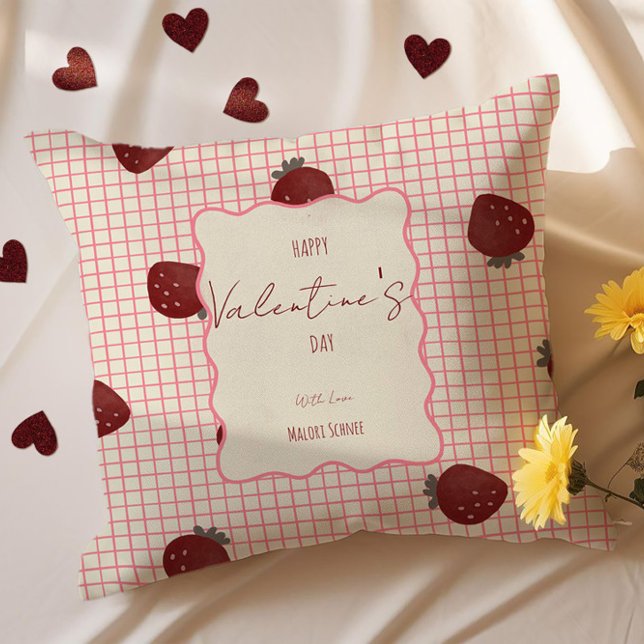Watercolor Strawberries on Pink Grid- Valentine Kussen (Creator heeft geüpload)