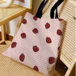 Watercolor Strawberries on Pink Grid - Valentine Tote Bag