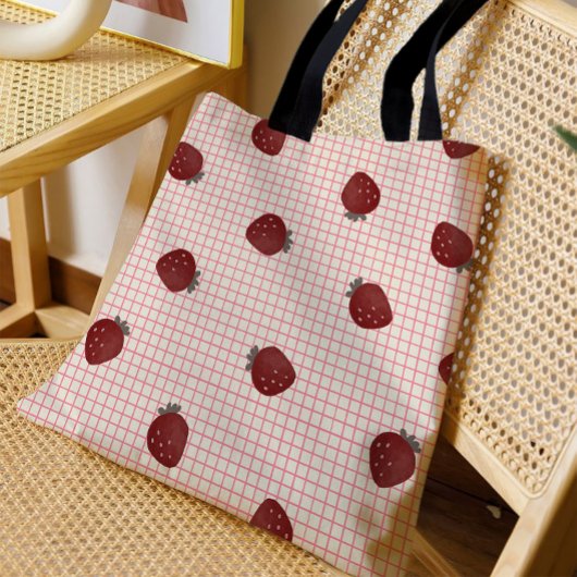 Watercolor Strawberries on Pink Grid - Valentine Tote Bag