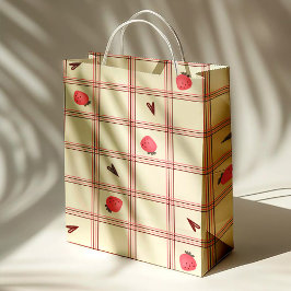 Watercolor Strawberries on Pink Plaid – Valentine Medium Cadeauzakje