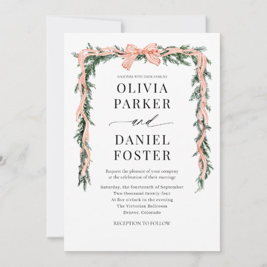 Watercolor Striped Red Bow Christmas Greenery Kaart (Voorkant)