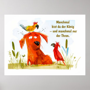 Watercolor stripverhaal hond met twee papegaaien poster