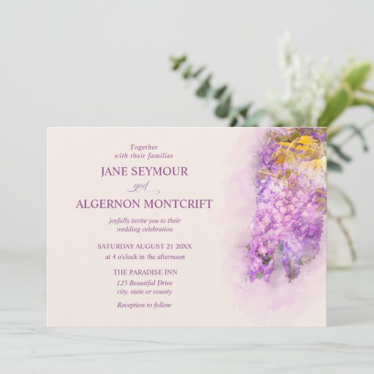 Watercolor-style wisteria bruiloft uitnodiging (Staand voorkant)