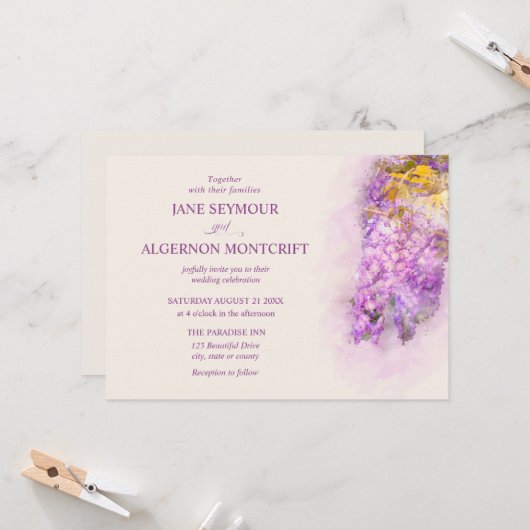 Watercolor-style wisteria bruiloft uitnodiging (Voorkant / Achterkant in situ)