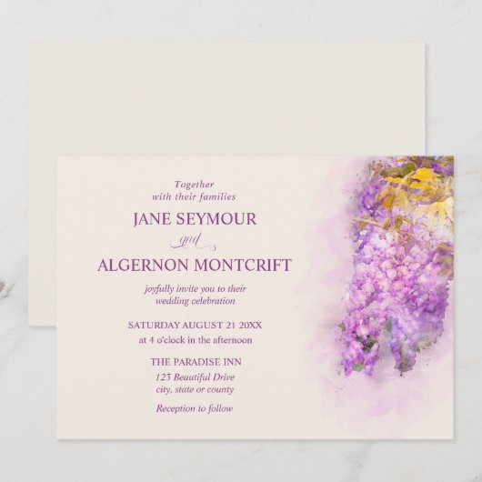 Watercolor-style wisteria bruiloft uitnodiging (Voorkant / Achterkant)