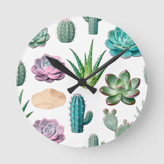 Watercolor Succulent Cactus Pattern Ronde Klok (Voorkant)