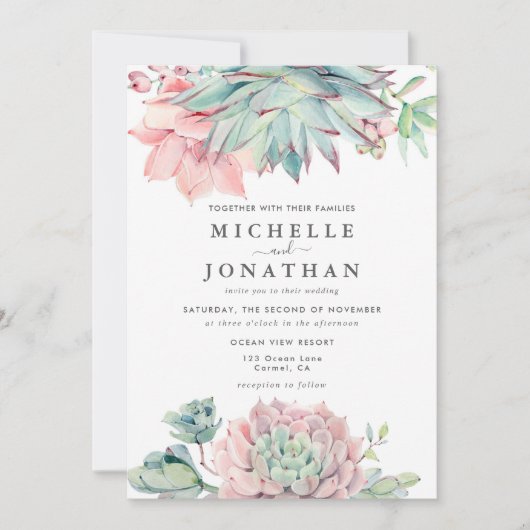 Watercolor Succulent Coastal Wedding Invitation Kaart (Voorkant)