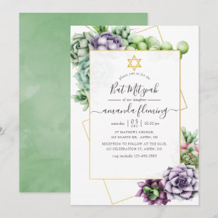 Watercolor Succulent Geometrische Bat Mitzvah Kaart