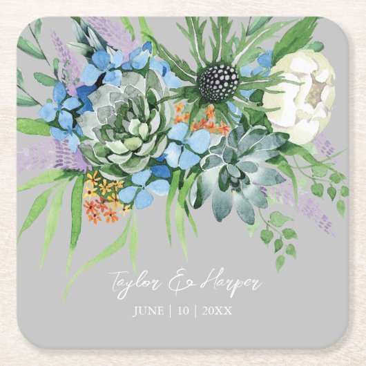 Watercolor Succulente Bloemboeket Boho Bruiloft Kartonnen Onderzetters (Voorkant)