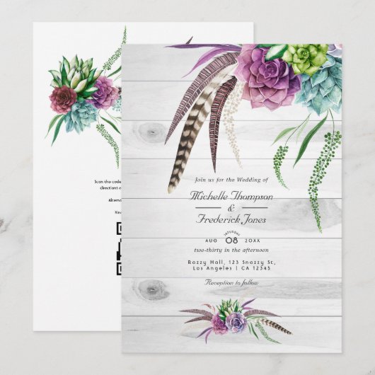 Watercolor Succulenten QR Code Boheem Huwelijk Kaart (Voorkant / Achterkant)