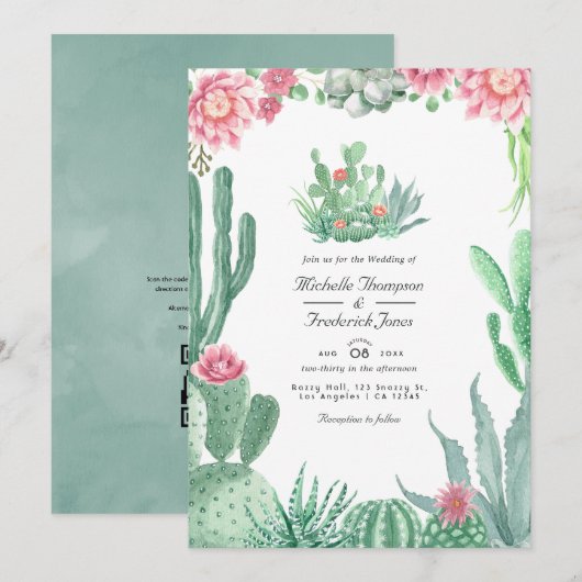 Watercolor Succulenten QR Code RSVP Bruiloft Kaart (Voorkant / Achterkant)