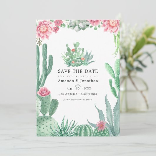 Watercolor Succulenten Trouwfoto Save The Date (Staand voorkant)