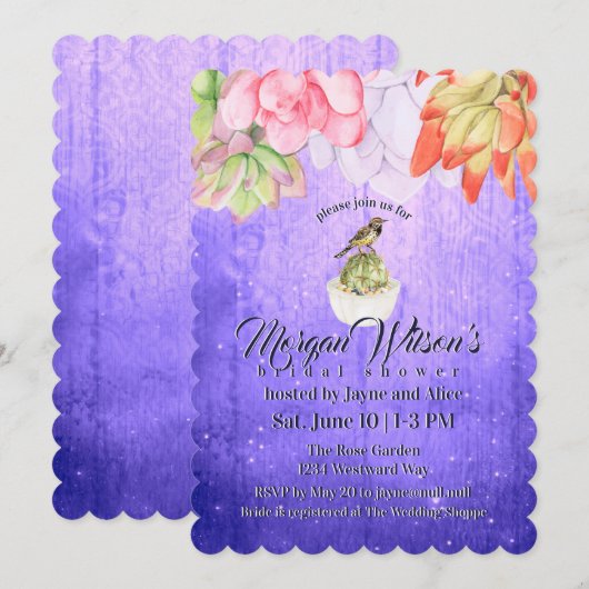 Watercolor Succulenten Vogel Paarse Bruiloft Feest Kaart (Voorkant / Achterkant)