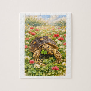 Watercolor Sulcata-schildpad met geluksklaver Legpuzzel