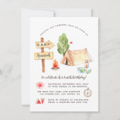 Watercolor Summer Camping Girls Birthday Party Kaart (Voorkant)