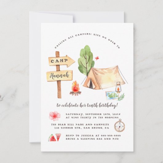 Watercolor Summer Camping Girls Birthday Party Kaart (Voorkant)