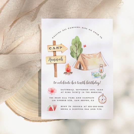 Watercolor Summer Camping Girls Birthday Party Kaart