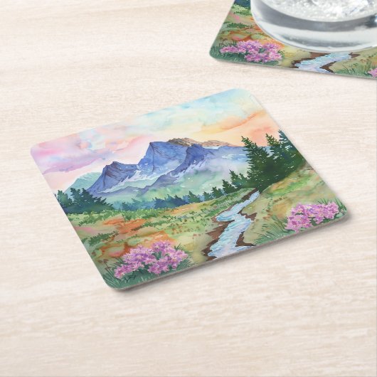 Watercolor Summer Mountain Kartonnen Onderzetters (Schuin)