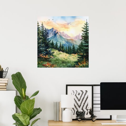 Watercolor Summer Mountain Poster (Thuiskantoor)