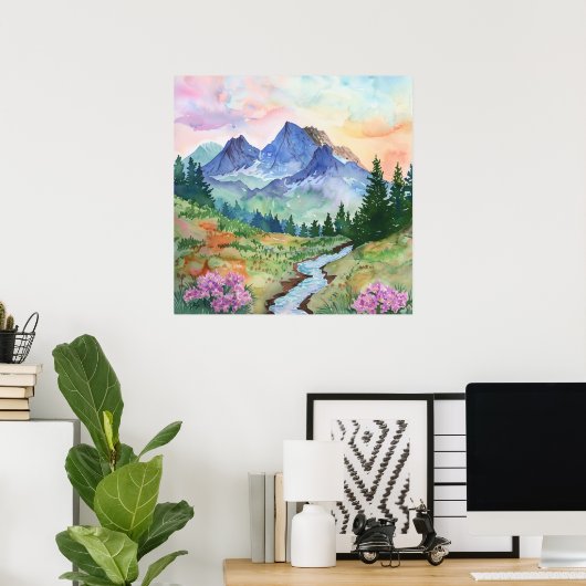 Watercolor Summer Mountain Poster (Thuiskantoor)