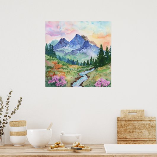 Watercolor Summer Mountain Poster (Keuken)
