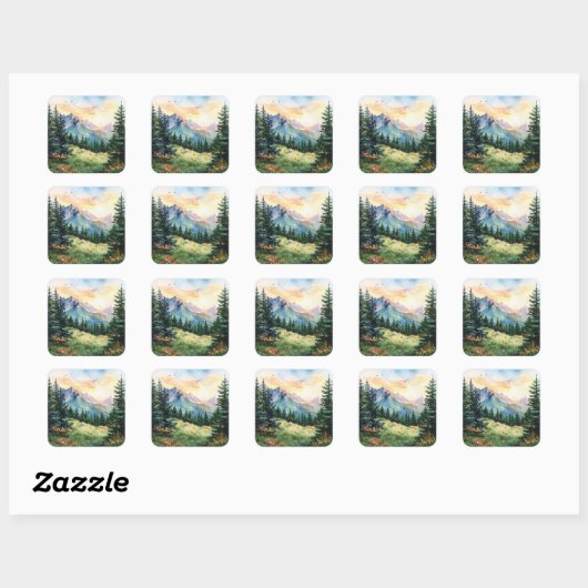 Watercolor Summer Mountain Vierkante Sticker (Vel)