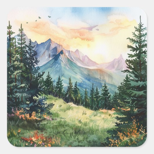 Watercolor Summer Mountain Vierkante Sticker (Voorkant)