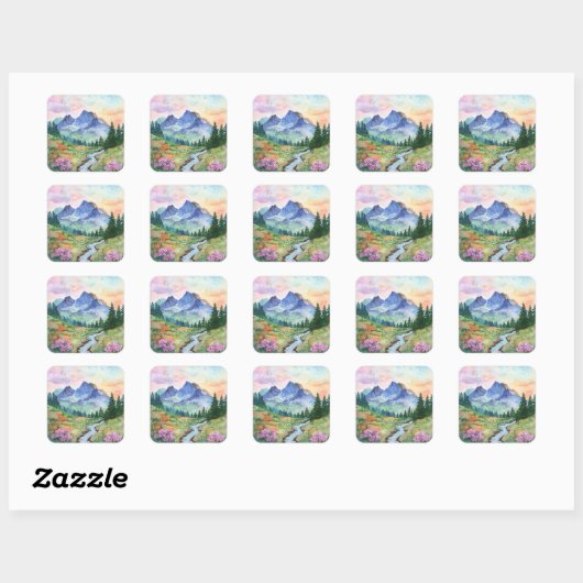 Watercolor Summer Mountain Vierkante Sticker (Vel)