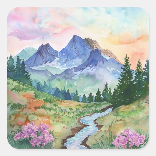 Watercolor Summer Mountain Vierkante Sticker (Voorkant)