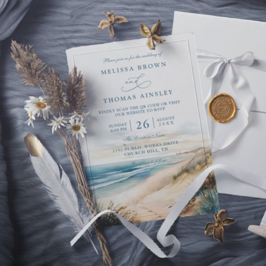 Watercolor Summer Ocean Beach QR Code Wedding Kaart