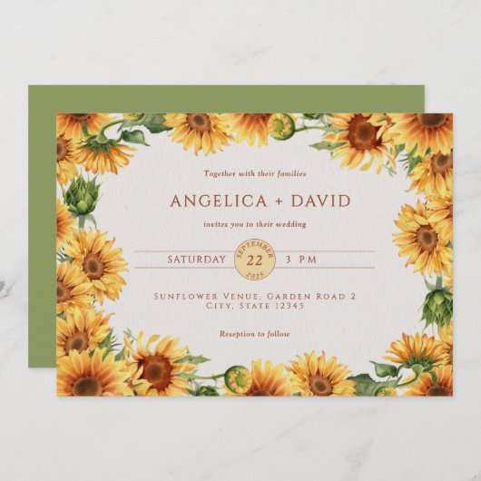 Watercolor Sunflower Border Wedding Invitation Kaart (Voorkant / Achterkant)