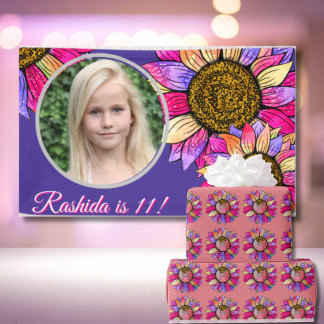 Watercolor Sunflower Pink & Purple Chic Birthday Spandoek