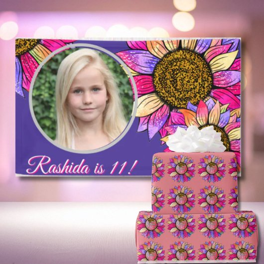 Watercolor Sunflower Pink & Purple Chic Birthday Spandoek