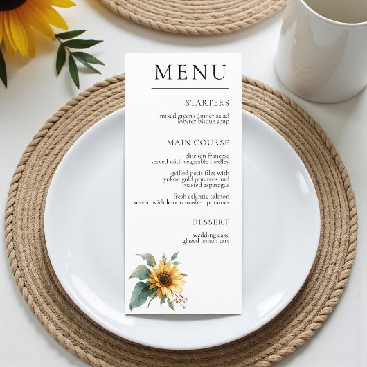 Watercolor Sunflower Rustic Foliage Wedding Menu