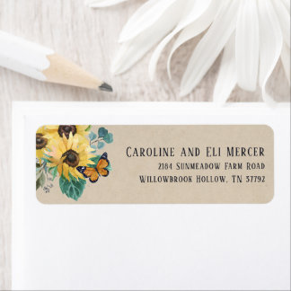 Watercolor Sunflowers and Butterflies Address Etiket