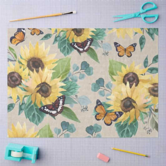 Watercolor Sunflowers and Butterflies Decoupage Tissuepapier (Craft)