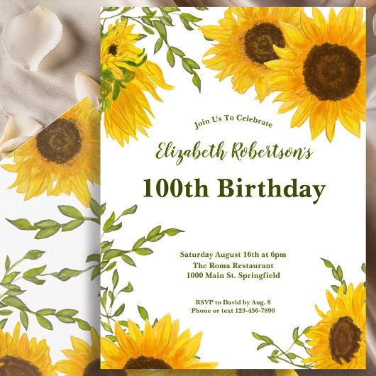 Watercolor Sunflowers Women's 100th Birthday  Kaart