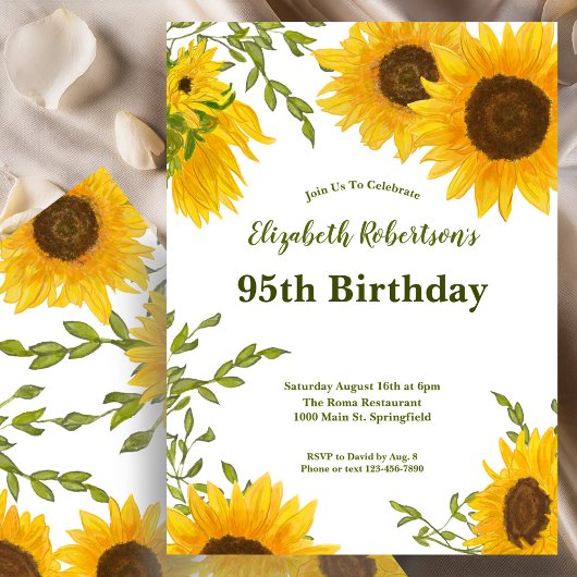 Watercolor Sunflowers Women's 95th Birthday  Kaart