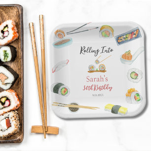 Watercolor Sushi en Sashimi Verjaardag Wit Papieren Bordje