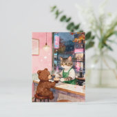Watercolor Tabby Cat Barista Serving Bear Briefkaart (Staand voorkant)