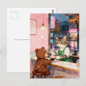 Watercolor Tabby Cat Barista Serving Bear Briefkaart (Voorkant / Achterkant)