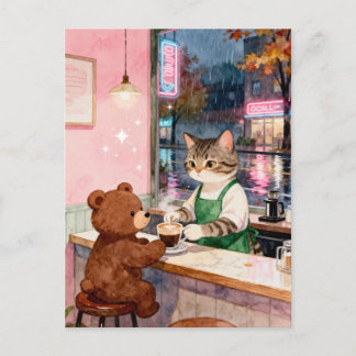 Watercolor Tabby Cat Barista Serving Bear Briefkaart