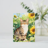 Watercolor Tabby Cat in Sunflower Garden Briefkaart (Staand voorkant)
