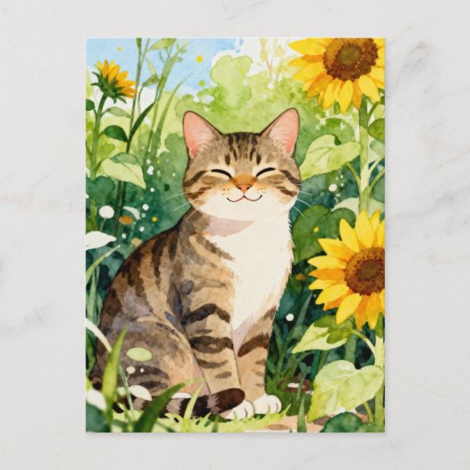 Watercolor Tabby Cat in Sunflower Garden Briefkaart (Voorkant)