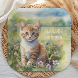 Watercolor Tabby Cat Pet Meadow 70th Birthday Papieren Bordje