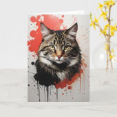 Watercolor Tabbykat Spat-art Rood en Zwart Kaart (Gele Bloem)