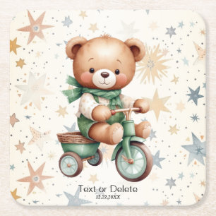 Watercolor Teddibeer Sterren Groene Fiets Feestje Kartonnen Onderzetters