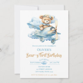 Watercolor Teddy Bear Aviator Bear-y First Birthda Kaart